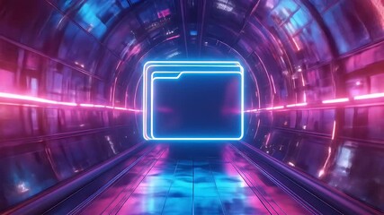 Futuristic tunnel with glowing neon folder icon, data storage and digital information - Powered by Adobe