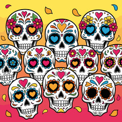 Vibrant Mexican Sugar Skulls Illustration for Day of the Dead. Colorful Calaveras with Floral and Heart Designs.