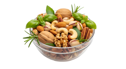 Bowl of mixed nuts and seeds with fresh green herbs, isolated on transparent background