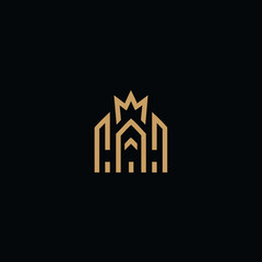 Abstract golden crown and building outline logo design on a black background