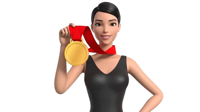 Cartoon woman holding gold medal with red ribbon, smiling on white - Powered by Adobe