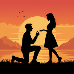 Romantic proposal at sunset, man offers ring to woman, love story begins