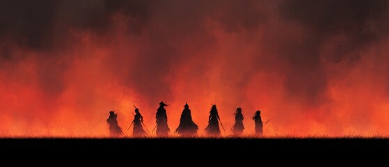 Mysterious Figures in Silhouette Against a Fiery Background at Dusk in an Abstract Style