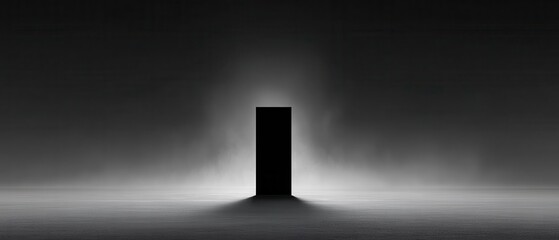 Mysterious Black Door in an Ethereal Foggy Landscape with Dramatic Lighting Effect