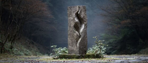 Serene Stone Sculpture in Nature Surrounded by Lush Greenery and Misty Forest Atmosphere