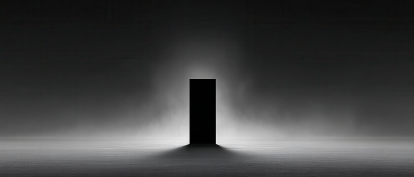 Mysterious Black Door in an Ethereal Foggy Landscape with Dramatic Lighting Effect