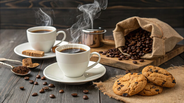 Two cups of steaming coffee sit on a wooden table beside a sack of coffee beans, cookies, and a spoon with sugar. The atmosphere is warm and inviting, perfect for relaxing
