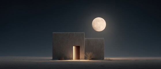 Lonely Modern Structure Under a Bright Full Moon in a Vast Desert Landscape at Night
