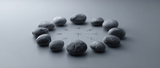 Stone Arrangement on Gray Surface with Natural Texture and Minimalistic Circle Design