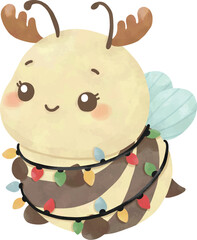 Cute Christmas Bee with String Lights | Watercolor Holiday Illustration