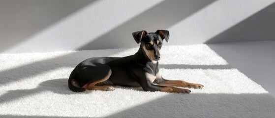 Elegant Dog Relaxing on a Soft Rug with Sunlight Streaming Through Window