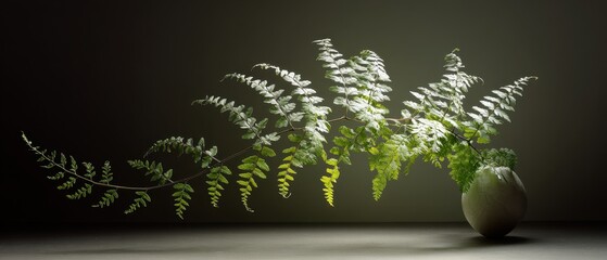 Elegant Green Ferns in Minimalist Ceramic Vase with Soft Lighting and Shadow Play