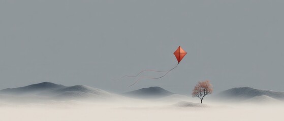 Red Kite Flying Over Tranquil Winter Landscape with Mountains and Lone Tree in Soft Light