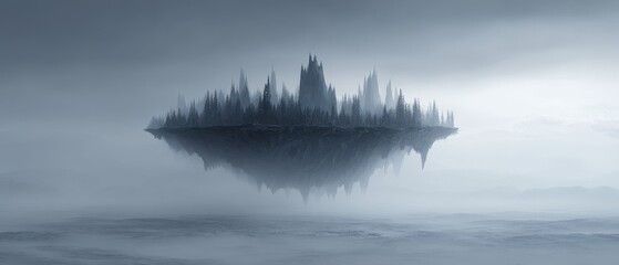 Majestic Floating Island Surrounded by Mist and Overcast Sky in a Fantastical Landscape