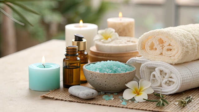 A calming scene featuring cozy candles, aromatic oils, and colorful bath salts arranged neatly with soft towels and flowers, creating a peaceful spa atmosphere at home