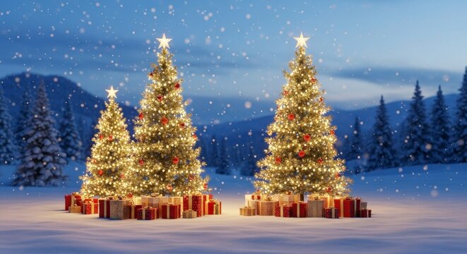 Festive Christmas scene featuring illuminated trees, gifts, snowfall, and mountains creating a magical winter wonderland on transparent background - Powered by Adobe