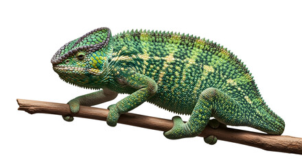 Green chameleon perched on a branch isolated on transparent background
