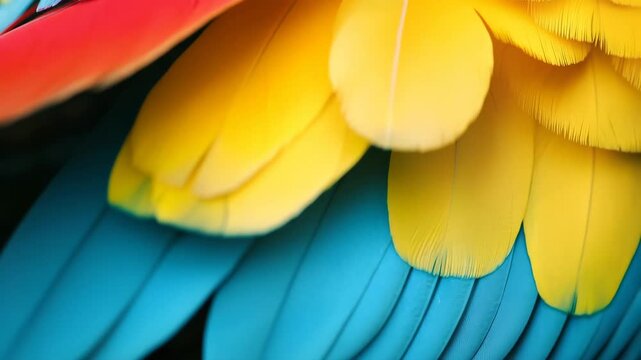 Close-up view of the vibrant feathers of a macaw, highlighting striking colors of blue, yellow, and red. This beautiful bird is native to tropical regions.