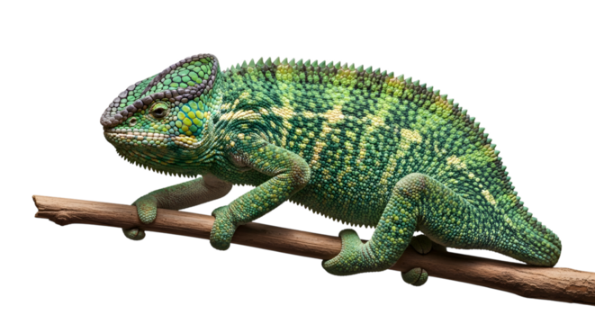 Green chameleon perched on a branch isolated on transparent background