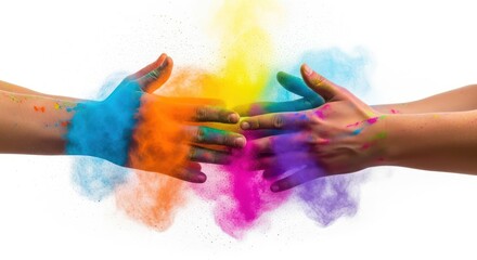 Two hands reaching towards each other with colorful powder on them against a white background with vibrant, multicolored smoke.