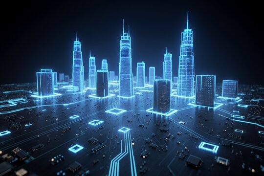 Futuristic city skyline glowing blue on circuit board, representing digital tech and smart urban infrastructure.