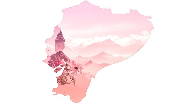 Ecuadorian landscape art with pink hues and city details.