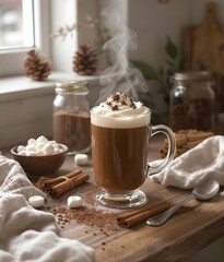 Cozy Christmas Hot Chocolate with Cinnamon and Holiday Decor 