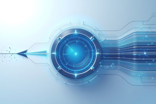 Futuristic blue ring surrounded by glowing waves and metallic spheres, futuristic abstract design.