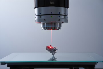 High-precision laser measurement of a miniature part, ensuring quality control in manufacturing with cutting edge technology for industrial applications