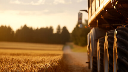 Golden hour on the farm: a close-up of a combine harvester alongside a ripe wheat field ready for harvest, illuminated by the warm sunset light and soft sky.