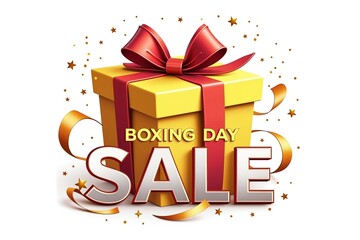 Boxing Day Sale: festive gift box with red ribbon, gold confetti and stars. Celebrate discounts on holiday shopping spree!