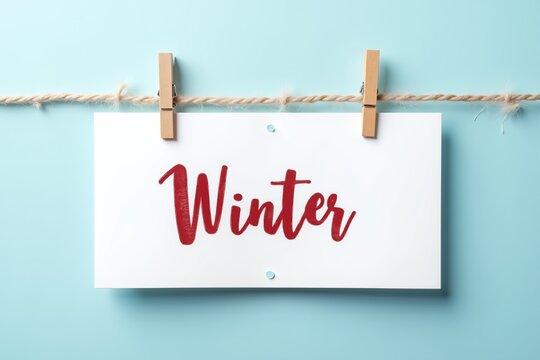 Wooden clips hold a white card with "Winter" in red script, hanging on twine against soft blue background. Minimalist winter theme.