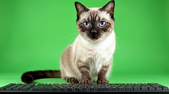 Curious Siamese Cat Walking on a Computer Keyboard with Green Screen Background.