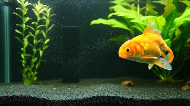 Goldfish swimming in aquarium with lush green plants and dark gravel floor