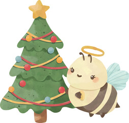 Bee Decorating Christmas Tree | Cute Watercolor Holiday Illustration
