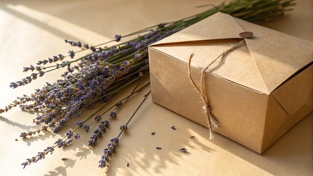 A bouquet of fresh lavender rests beside a simple brown package tied with twine. The scene captures the warmth of sunlight illuminating the fragrant flowers