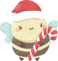 Cute Bee with Candy Cane | Watercolor Christmas Illustration