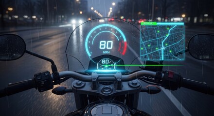 Motorcycle rider s perspective with futuristic holographic dashboard and city lights