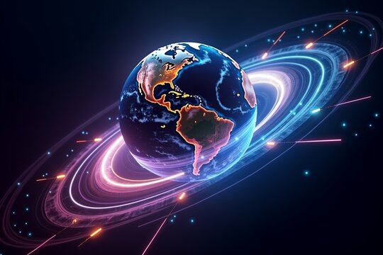 Neon globe Earth surrounded by glowing data rings, futuristic digital world visualization. Sci-fi cosmic design, vibrant colors and holographic textures.