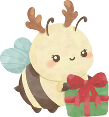 Cute Little Bee with Christmas Gift | Watercolor Holiday Bee Illustration