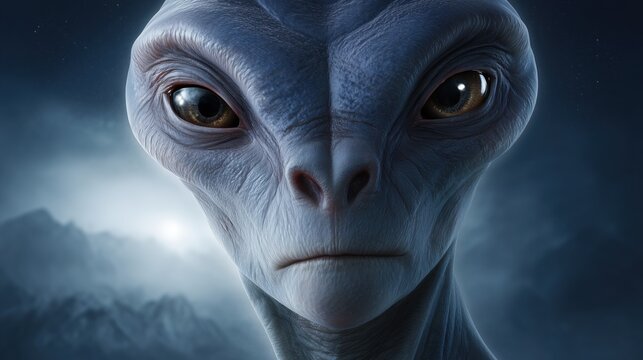 Close-up of a mysterious alien face with detailed extraterrestrial features and large eyes. Futuristic sci-fi concept background for movies, games