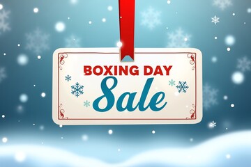 Boxing Day Sale sign hangs in snowy scene, festive red and blue text on white tag against winter backdrop.
