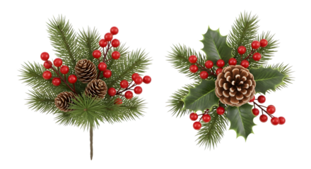 Two christmas decorative sprigs with pine cones and berries isolated on transparent background