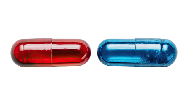 Two pills, red and blue, isolated on black