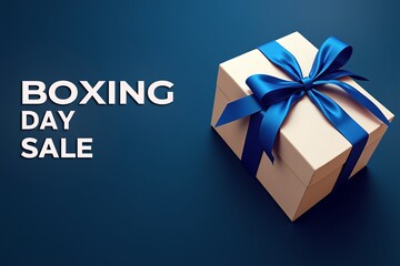 Boxing Day sale banner featuring gift box with blue ribbon, "Buy Now" button on dark background. festive shopping promotion.