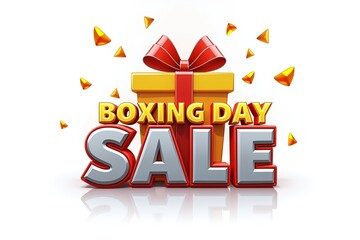 Boxing Day sale graphic: golden gift box, red ribbon, confetti, bold text. Festive shopping promotion design.