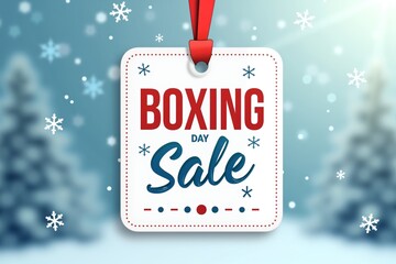 Boxing Day festive sign with red bow, snowflakes, and cheerful holiday design against snowy backdrop. Perfect seasonal greeting card theme.