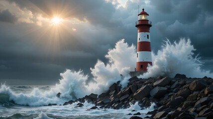 Obraz premium Classic Red and White Lighthouse on Rocky Shoreline during a Dramatic Storm with Crashing Ocean Waves and Bright Sunburst for Safety Navigation and Warning Concept