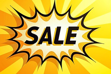 Vibrant comic-style "SALE" burst graphic. Bold letters, radiant yellow-orange background. Eye-catching promotional design.