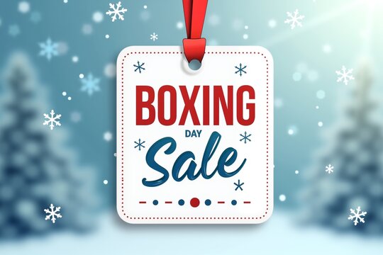 Boxing Day festive sign with red bow, snowflakes, and cheerful holiday design against snowy backdrop. Perfect seasonal greeting card theme.